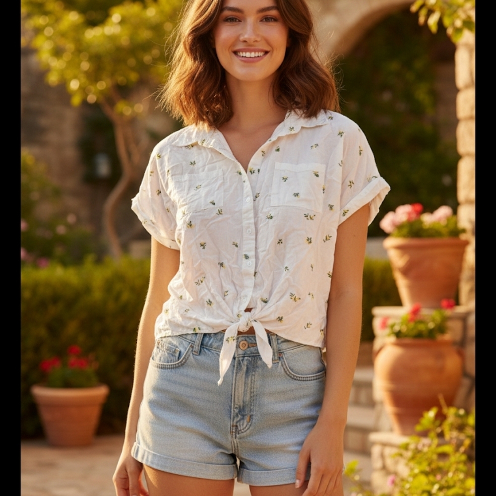 White Crop Top Blouse with Lemon Print - Emily Daniels - Size 1X